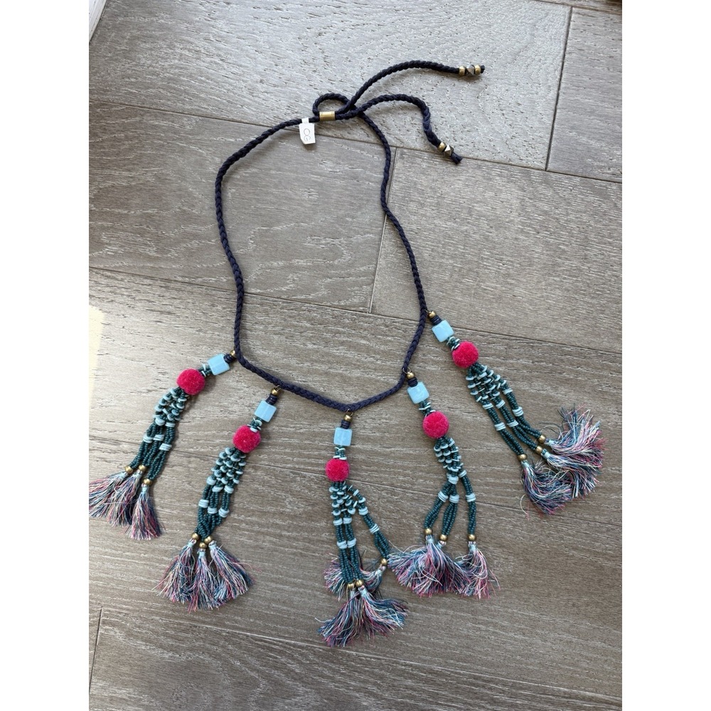 Noonday Collection Tassel Statement Necklace Turquoise Pink Pom Pom Boho Artisan